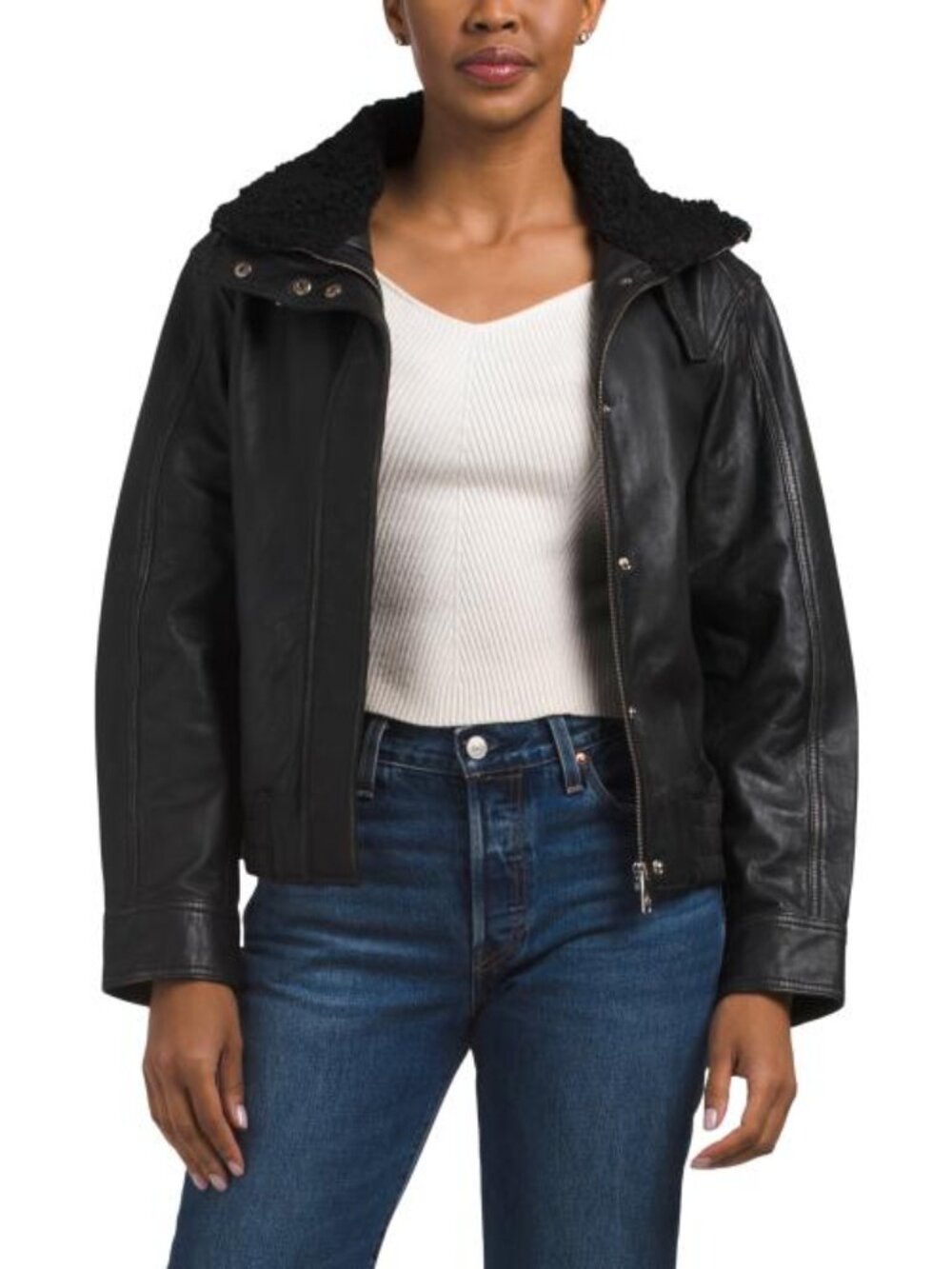 SAM EDELMAN Lamb Leather Stand Collar Jacket